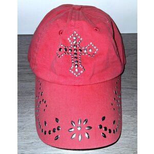 Studded Rhinestone Bling Cross Red Baseball Hat Trucker Cap Western Cowgirl